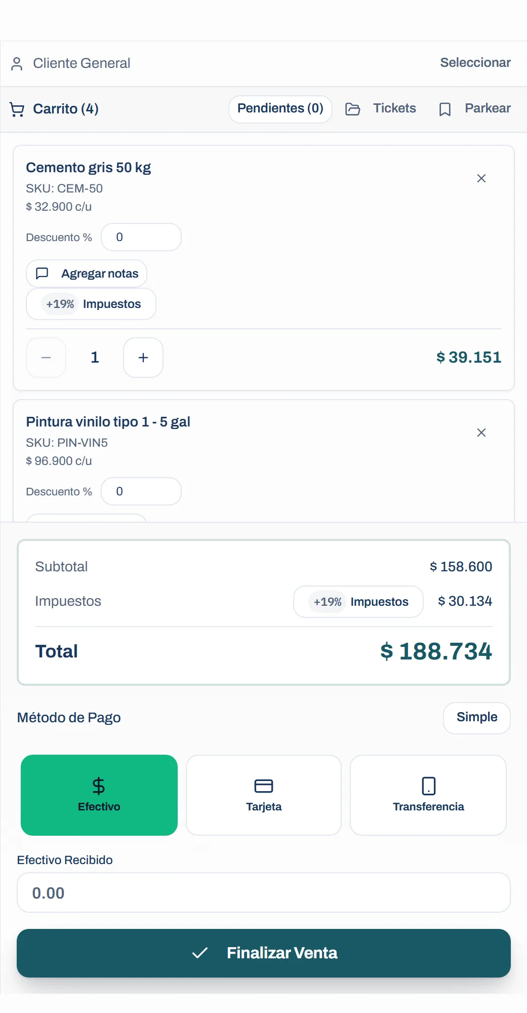 Carrito del punto de venta con tres unidades, el IVA del 19 % y el total en pesos